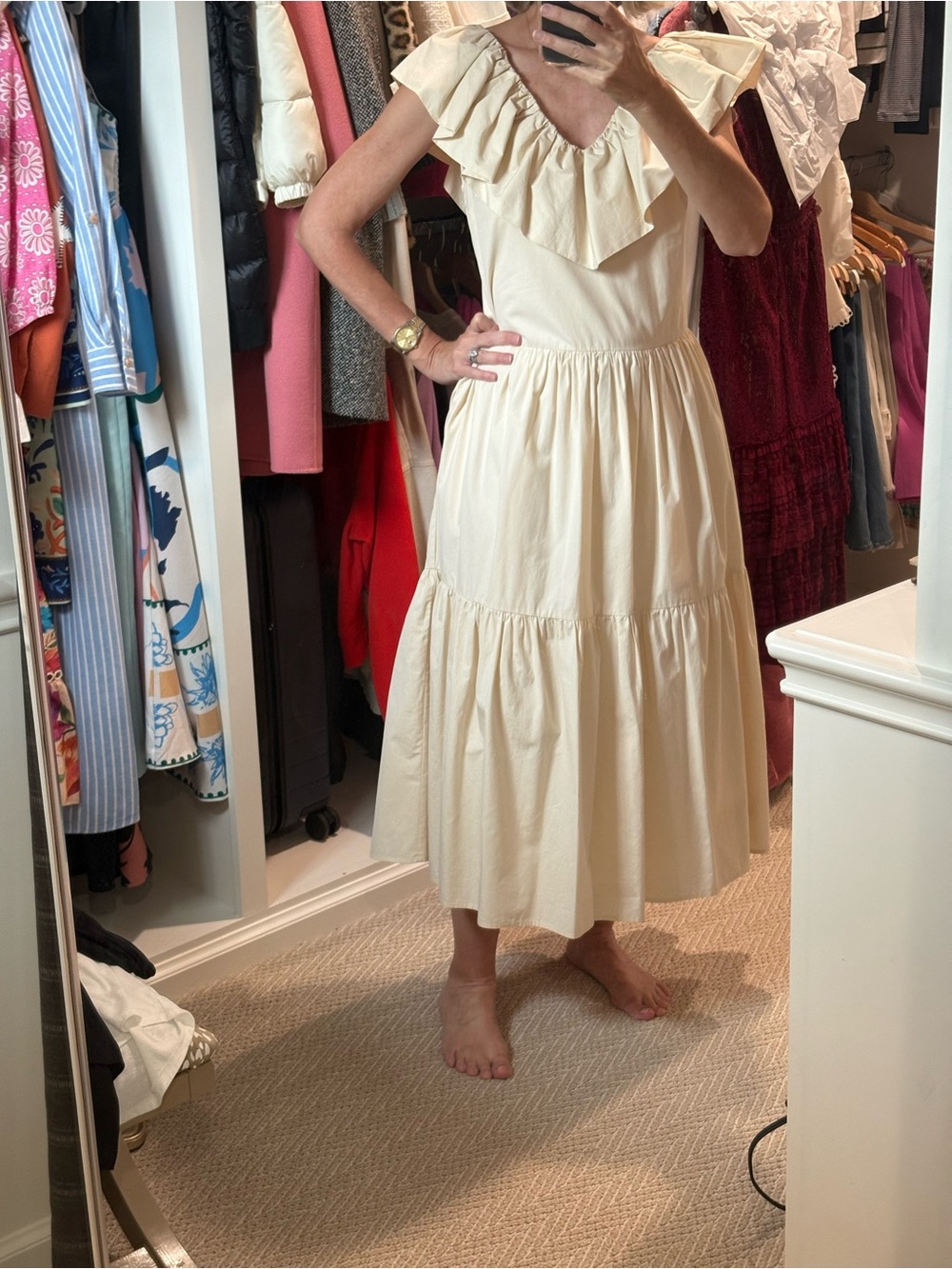 English Factory Cream Ruffle V-Neck Tiered Midi Dress